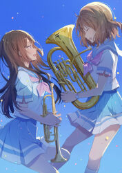 2girls absurdres black_hair brown_hair euphonium hibike!_euphonium highres holding holding_instrument instrument kousaka_reina long_hair looking_at_another multiple_girls oumae_kumiko pleated_skirt rococomm123 school_uniform serafuku short_hair skirt socks trumpet watch white_socks