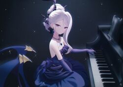 1girl absurdres backless_dress backless_outfit bare_shoulders black_horns blue_archive blue_gemstone closed_mouth commentary dong_hawn dress earrings elbow_gloves from_side gem gloves grand_piano highres hina_(blue_archive) hina_(dress)_(blue_archive) horns instrument jewelry light_blush long_hair looking_at_viewer looking_to_the_side multiple_horns music necklace official_alternate_costume pendant piano playing_instrument playing_piano purple_dress purple_eyes purple_gloves sitting smile solo strapless strapless_dress teardrop_earrings white_hair