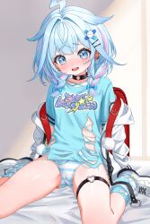 1girl 4kimizuki absurdres ahoge bag bed_sheet black_choker blue_eyes blue_hair blue_shirt blush bow bow_legwear braid cameltoe choker clothes_down clothes_writing commentary_request crossed_bangs earclip flat_chest gluteal_fold hair_bow hair_flaps hair_intakes hair_ornament hairclip heart heart_o-ring highres hololive hololive_dev_is jacket leg_warmers lightning_ahoge looking_at_viewer low_twin_braids medium_hair mizumiya_su multicolored_hair no_pants o-ring o-ring_choker o-ring_thigh_strap on_bed open_clothes open_jacket open_mouth panties parallel_hairclips pink_hair pom_pom_(clothes) print_shirt school_bag shirt shoes shy sitting sneakers solo streaked_hair striped_clothes striped_leg_warmers striped_panties thigh_strap torn_clothes torn_shirt twin_braids underwear virtual_youtuber wariza white_jacket white_shoes