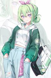 1girl bag blue_pants closed_mouth cowboy_shot crop_top cropped_hoodie denim drawstring green_hair green_jacket hair_ribbon hands_in_pockets high-waist_pants highres hood hood_down hoodie ika_(4801055) jacket long_hair looking_at_viewer midriff_peek pants purple_eyes ribbon shoulder_bag smile solo stellive virtual_youtuber white_hoodie yuzuha_riko zoom_layer