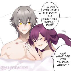 1girl affectionate bed_sheet blanket blush caelus_(honkai:_star_rail) closed_eyes cuddling english_text engrish_text head_on_chest hickey highres honkai:_star_rail honkai_(series) hug kafka_(honkai:_star_rail) long_hair lying lying_on_person naked_sheet open_mouth pectorals purple_hair ranguage sleeping smile speech_bubble sweatdrop toned trailblazer_(honkai:_star_rail) under_covers yuushiba