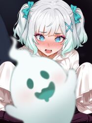 1girl @_@ absurdres alternate_costume aqua_eyes aqua_hair blush commentary embarrassed english_commentary gradient_hair grey_hair hair_ornament hair_ribbon highres idolmia indie_virtual_youtuber medium_hair mint_fantome multicolored_hair open_mouth ribbon sleeves_past_fingers sleeves_past_wrists solo sweat two_side_up virtual_youtuber wisps_(mint_fantome) x_hair_ornament