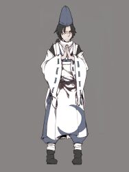 1boy bandaged_leg bandages black_boots black_hair blue_hair blue_pants bolos boots closed_mouth commentary detached_sleeves frown full_body grey_background hat japanese_clothes kariginu layered_sleeves long_hair long_sleeves looking_at_viewer low_ponytail male_focus own_hands_together pants parted_bangs ponytail puffy_pants red_eyes ribbon-trimmed_sleeves ribbon_trim scarf shingyoku_(male) shingyoku_(touhou) simple_background solo standing tachi-e tate_eboshi touhou touhou_(pc-98) white_scarf white_sleeves wide_sleeves