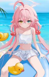 1girl absurdres ahoge beach bikini bikini_skirt blue_archive blue_eyes blue_sky blush breasts chii_(k_ung) collarbone crossed_bangs day feet_out_of_frame frilled_bikini frills hair_between_eyes hair_bobbles hair_ornament halo heterochromia highres hoshino_(blue_archive) hoshino_(swimsuit)_(blue_archive) huge_ahoge inflatable_toy long_hair looking_at_viewer low_twintails ocean outdoors pink_hair pink_halo rubber_duck sitting skirt sky small_breasts solo strap_slip swimsuit twintails very_long_hair water white_bikini yellow_eyes