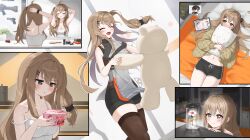 1girl 8000_(pixiv_76944875) absurdres arm_up bed_sheet black_eyes black_shorts blush brown_hair camisole closed_eyes commentary cup_ramen diamond-shaped_pupils diamond_(shape) dolphin_shorts flower from_side girls&#039;_frontline girls&#039;_frontline_2:_exilium highres holding holding_stuffed_toy hugging_object k2_(girls&#039;_frontline) long_hair looking_to_the_side lying mirror multiple_views navel on_back on_bed one_side_up open_mouth pillow pillow_hug pink_flower short_shorts shorts smile spaghetti_strap spoken_character strap_slip stuffed_animal stuffed_toy symbol-shaped_pupils tablet_pc teddy_bear white_camisole yoohee_(girls&#039;_frontline_2)