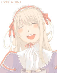 Rule 34 | 1girl, blonde hair, blush, bow, closed eyes, commentary request, dress, flower, frilled hairband, frills, gloves, hair bow, hairband, holding, holding flower, long hair, lowres, open mouth, priest (ragnarok online), purple dress, ragnarok online, red bow, red flower, red hairband, round teeth, simple background, smile, solo, teeth, translation request, upper body, upper teeth only, waya (takaomi777), white background, white gloves