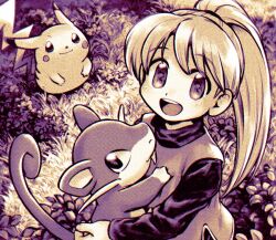 1girl :d closed_mouth commentary_request creatures_(company) funabara_(sksn_herb) game_freak gen_1_pokemon high_ponytail looking_at_viewer monochrome mouse_(animal) nintendo on_grass open_mouth pika_(pokemon) pikachu pokemon pokemon_(creature) pokemon_adventures ponytail raised_eyebrows rattata smile teeth upper_teeth_only yellow_(pokemon) yellow_fur