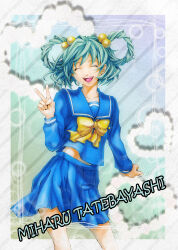 Rule 34 | 1girl, :d, blue shirt, blue skirt, bow, character name, closed eyes, facing viewer, hair bobbles, hair ornament, hair rings, kirameki high school uniform, long sleeves, medium hair, nakaharaka, open mouth, school uniform, shirt, skirt, smile, solo, standing, tatebayashi miharu, tokimeki memorial, tokimeki memorial 1, v, yellow bow