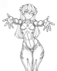 1girl absurdres blush bodysuit breasts curvy flustered highres incoming_hug long_hair mecha_pilot_suit monochrome neon_genesis_evangelion nervous_sweating one_eye_closed parted_lips plugsuit_(evangelion) redteneri skin_tight souryuu_asuka_langley standing sweat thigh_gap tsundere two_side_up wide_hips