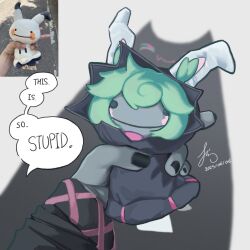 Rule 34 | 1girl, black nails, black robe, chirppchirpin, ears through headwear, gen 7 pokemon, green hair, highres, holding, league of legends, mimikyu, nail polish, nintendo, pokemon, robe, speech bubble, vex (league of legends), yordle