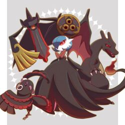 absurdres aegislash alternate_color black_dress black_gloves black_skin blue_hair bob_cut charizard claws colored_skin dragon dress elbow_gloves gardevoir gen_1_pokemon gen_3_pokemon gen_6_pokemon gen_7_pokemon gloves grey_background hair_over_one_eye highres holding holding_shield mega_gardevoir mega_pokemon night_light_han nintendo one-eyed oricorio oricorio_(baile) pokemon pokemon_(creature) red_eyes shield shiny_pokemon simple_background sword weapon white_skin wings
