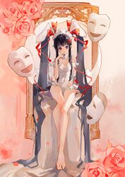 1girl animal_ears barefoot black_hair breasts detached_collar flower highleg highleg_leotard highres leotard long_hair medium_breasts original purple_eyes rabbit_ears sitting smile solo strapless strapless_leotard white_leotard yeougui