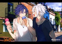 2boys :d absurdres artist_name blue_hair blue_shirt chewing closed_eyes collarbone commentary_request crow_armbrust eiyuu_densetsu food grey_hair highres holding holding_food holding_ice_cream holding_ice_cream_cone ice_cream ice_cream_cone jewelry kishiki0318 letterboxed male_focus multiple_boys necklace open_mouth outdoors purple_eyes rean_schwarzer sen_no_kiseki_(series) sen_no_kiseki_i shirt short_hair smile twitter_username undershirt white_shirt
