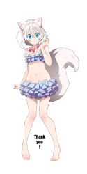 Rule 34 | 1girl, absurdres, animal ear fluff, artist name, barefoot, bikini, blue bikini, blue bow, blue eyes, bow, bow bikini, breasts, cleavage, commentary, double-parted bangs, english commentary, english text, eudetenis, frilled bikini, frills, full body, hair between eyes, hair bow, hair over shoulder, highres, knees together feet apart, long bangs, long hair, looking at viewer, low twintails, medium breasts, mixed-language commentary, navel, original, parted lips, raised eyebrows, red bow, simple background, solo, standing, stomach, swimsuit, tail, twintails, vertical mouth, white background, white hair