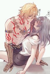 1boy 1girl abs absurdres arm_tattoo armlet black_coat black_skirt blonde_hair blush braid ccxvi_201116 chest_tattoo clawed_gauntlets coat eye_contact facial_tattoo gold_necklace gradient_hair grey_hair hair_between_eyes hashtag-only_commentary hetero highres honkai:_star_rail honkai_(series) jewelry looking_at_another medium_hair multicolored_hair muscular muscular_male mydei_(honkai:_star_rail) necklace open_clothes open_coat red_hair red_tattoo side_braid simple_background skirt stelle_(honkai:_star_rail) tattoo trailblazer_(honkai:_star_rail) translation_request white_background yellow_eyes