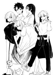 1boy 4girls ahoge alternate_costume animal arms_behind_back artoria_pendragon_(fate) clothes_around_waist contemporary crocs dog eating fate/grand_order fate_(series) fujimaru_ritsuka_(male) greyscale hair_over_one_eye hands_in_pockets highres hood hoodie jack_russell_terrier jacket jeanne_d&#039;arc_alter_(fate) long_hair looking_at_viewer mash_kyrielight minamoto_no_raikou_(fate) monochrome multiple_girls nonoitou110 pants ponytail saber_alter shirt shoes short_hair shorts sidelocks