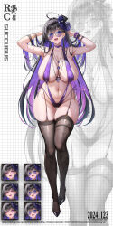 1girl ahoge armpits arms_behind_head arms_up bare_shoulders bikini black_hair black_hat black_shoes black_thighhighs breasts cleavage collarbone colored_inner_hair commentary_request curvy earrings full_body garter_straps gem grey_background hair_intakes hair_lift halterneck hat heart heart-shaped_pupils high_heels highres huge_breasts jewelry long_hair looking_at_viewer multicolored_hair navel necklace open_mouth original purple-tinted_eyewear purple_bikini purple_eyes purple_gemstone purple_hair purple_scrunchie purple_slingshot_swimsuit rong767361929 round_eyewear scrunchie shoes side-tie_bikini_bottom slingshot_swimsuit solo standing stomach swimsuit symbol-shaped_pupils thick_thighs thigh_strap thighhighs thighs tinted_eyewear tongue top_hat very_long_hair wet zoom_layer