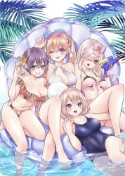 4girls amano_erika bare_legs bare_shoulders barefoot bikini blonde_hair blue_one-piece_swimsuit bow breasts clam clam_shell cocktail collarbone crossed_legs eyewear_on_head frilled_bikini frills hair_bow hair_ornament hair_ribbon highres inflatable_toy kakkou_no_iinazuke knees_up large_breasts long_hair looking_at_viewer medium_breasts mochizuki_ai_(kakkou_no_iinazuke) multiple_girls o-ring o-ring_bottom official_art one-piece_swimsuit one_eye_closed one_eye_covered open_mouth orange_eyes orange_hair palm_leaf parted_lips partially_submerged pink_bow polka_dot polka_dot_bow pool purple_eyes purple_hair ribbon school_swimsuit segawa_hiro shiny_skin short_hair sitting smile strapless strapless_bikini sunglasses swimsuit tongue tongue_out twintails umino_sachi_(kakkou_no_iinazuke) water water_gun white_hair white_ribbon yoshikawa_miki