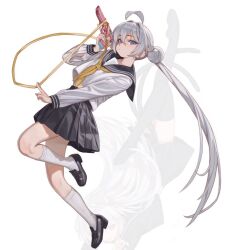Rule 34 | 1girl, ahoge, ankle socks, blue eyes, collared shirt, flying, grey hair, gun, hair bun, handgun, loafers, long hair, looking at viewer, midriff peek, naruto maki (naruto05), neckerchief, original, pleated skirt, school uniform, serafuku, shirt, shirt overhang, shoes, skirt, socks, twintails, very long hair, weapon, white shirt, white socks, yellow neckerchief