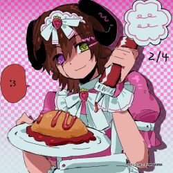 Rule 34 | 1boy, :3, animal ears, animification, apron, black sclera, brown hair, colored sclera, commentary, crossdressing, crossdressing (mtf), dress, ekou2, food, fruit, green eyes, hashtag-only commentary, heterochromia, holding, holding plate, horns, itzsubz, ketchup, lifesteal smp, looking at viewer, male focus, minecraft youtube, mismatched sclera, pink dress, plate, puffy short sleeves, puffy sleeves, purple eyes, ribbon, sheep boy, sheep ears, sheep horns, short hair, short sleeves, solo, strawberry, upper body, waitress, white apron, white ribbon