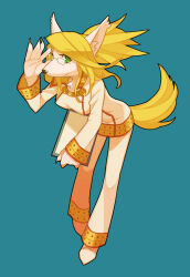 1girl adjusting_eyewear animal_ear_fluff blonde_hair clipboard closed_mouth dog_girl fingernails full_body furry furry_female glasses green_eyes holding holding_clipboard little_tail_bronx long_hair merveille_million pants ponytail sharp_fingernails shirt simple_background solatorobo solo tail white_pants white_shirt yow