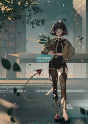 1girl absurdres animal_ears bag black_hair blunt_bangs breasts crosswalk fingerless_gloves flower_pot food_in_mouth fur-trimmed_jacket fur_trim garter_straps gloves green_eyes grocery_bag high-waist_shorts highres holding holding_bag holding_flower_pot jacket jane_doe_(zenless_zone_zero) large_breasts long_hair long_tail midfinger mouse_ears mouse_girl mouse_tail multicolored_hair necktie pantyhose paper_bag plant potted_plant road road_sign sharp_tail shopping_bag shorts sign single_garter_strap single_leg_pantyhose street tail thighhighs torn_clothes torn_pantyhose torn_thighhighs two-tone_necktie zenless_zone_zero