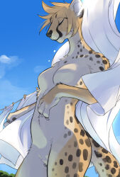 1girl animal_feet blonde_hair blue_sky body_fur breasts cheetah_girl claws closed_eyes clothesline commentary cowboy_shot english_commentary furry furry_female highres kikurage_(crayon_arts) original short_hair sky small_breasts solo standing tail towel yellow_fur