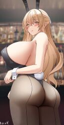 1girl absurdres animal_ears ass bar_(place) bare_arms black_leotard black_pantyhose blurry blurry_background blush bottle breasts brown_eyes brown_hair commentary_request crossed_bangs detached_collar fake_tail hair_ribbon highres huge_breasts keenh leotard long_hair open_mouth original pantyhose playboy_bunny rabbit_ears rabbit_tail ribbon sideboob sidelocks solo tail twisted_torso wrist_cuffs