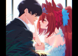 1boy 1girl acaa animal_ears bare_shoulders black_eyes black_hair brown_hair daiwa_scarlet_(umamusume) dress eye_contact formal_clothes hair_intakes hand_on_another&#039;s_chin hetero highres horse_ears horse_girl long_hair looking_at_another profile red_eyes smile suit textless_version trainer_(umamusume) umamusume upper_body very_long_hair