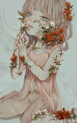 1girl blue_eyes brown_hair cropped flower foot_out_of_frame grey_background highres kapura long_hair original pants parted_lips pink_pants pink_shirt red_flower shirt solo white_flower