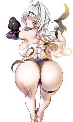 1girl alternate_costume ass bird breasts commentary english_commentary feathers from_behind grey_hair hair_ornament hairclip highres hot_vr large_breasts long_hair looking_at_viewer looking_back sandals sideboob simple_background solo subscribestar_username thigh_strap white_background yellow_eyes yixuan_(zenless_zone_zero) zenless_zone_zero