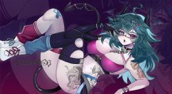 Rule 34 | 1girl, ahoge, arm tattoo, artist name, aruna reaver, between breasts, black collar, black gloves, black horns, black thighhighs, blue eyes, blue socks, breasts, chain, collar, demon girl, demon horns, demon wings, earrings, elbow gloves, glasses, gloves, green hair, head wings, heterochromia, highres, horns, indie virtual youtuber, jewelry, large breasts, leg tattoo, long hair, mismatched socks, open mouth, purple eyes, rectangular eyewear, red socks, shoes, single elbow glove, single glove, single thighhigh, snake tattoo, socks, specterehd, stomach tattoo, tail, tail ornament, tattoo, thighhighs, torn clothes, torn thighhighs, virtual youtuber, white shoes, wings