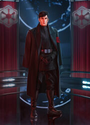 Rule 34 | 1boy, absurdres, armband, audia pahlevi, belt, black boots, black coat, black hair, black pants, black tunic, blue eyes, boots, coat, coat on shoulders, gloves, highres, indoors, long coat, looking at viewer, open clothes, open coat, pants, red armband, reflective floor, short hair, solo, standing, star wars, tunic