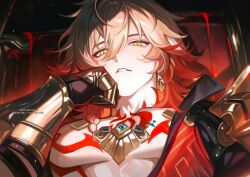 1boy archieloras armor artist_name bare_pectorals black_coat blonde_hair braid chest_tattoo clawed_gauntlets coat commentary earrings facial_tattoo from_below gold_earrings gold_necklace gradient_hair hair_between_eyes head_rest highres honkai:_star_rail honkai_(series) jewelry looking_at_viewer male_focus medium_hair multicolored_hair mydei_(honkai:_star_rail) necklace open_clothes open_coat pauldrons pectorals red_hair red_tattoo shoulder_armor side_braid single_pauldron solo tattoo toned toned_male watermark yellow_eyes