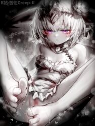 1girl artist_name barefoot bilibili_username blur_censor breasts censored chinese_commentary commentary_request dress feet filene_(shadowverse) flower frilled_dress frills greyscale hair_flower hair_ornament highres kupa_(jesterwii) monochrome paid_reward_available parted_lips pointy_ears purple_eyes pussy shadowverse short_hair small_breasts solo spot_color toenails toes translation_request variant_set