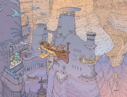 aircraft architecture bird building desert fantasy floating flying glass_dome highres landscape moebius mountain original outdoors pastel_colors plant railing scenery science_fiction signature sitting surreal tower waving wide_shot
