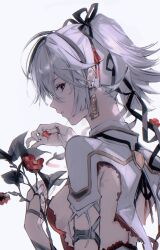 1girl absurdres black_eyes black_ribbon breasts camellya_(wuthering_waves) collar commentary earrings flower from_side gold_earrings hair_ribbon hair_vines highres hikaku_(siyrgr) holding holding_petal jewelry looking_at_viewer parted_lips petals red_flower red_petals red_pupils ribbon short_hair small_breasts solo upper_body white_collar white_hair wuthering_waves