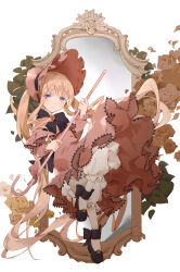 1girl absurdres blonde_hair blue_eyes bonnet cane frilled_bonnet frills full_body highres holding holding_cane long_hair long_sleeves looking_at_viewer mirror myth1944 red_bonnet rozen_maiden shinku solo very_long_hair
