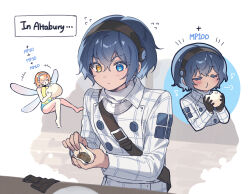 Rule 34 | +++, 1boy, 1girl, androgynous, black gloves, black hairband, blue eyes, blue hair, blush, bright pupils, chewing, closed eyes, commentary request, english text, fairy, fairy wings, flying sweatdrops, food, gallica (metaphor: refantazio), gloves, hair between eyes, hairband, heterochromia, highres, holding, holding food, jacket, korean commentary, lella nyam, location name, metaphor: refantazio, multiple views, orange hair, protagonist (metaphor: refantazio), short hair, steamed bun, white jacket, white pupils, wings, yellow eyes