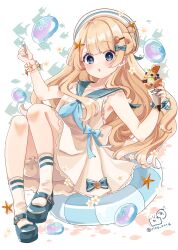 1girl bare_shoulders beret blonde_hair bloomers blue_bow blue_eyes blue_neckerchief blue_sailor_collar blue_shoes blush bow breasts collarbone commentary_request dress food food_request full_body hair_bun hair_ornament hairclip hat highres holding holding_food innertube jellyfish looking_at_viewer mary_janes nail_polish neckerchief original parted_lips rino_cnc sailor_collar sailor_dress shoes single_side_bun sleeveless sleeveless_dress small_breasts socks solo starfish starfish_hair_ornament swim_ring twitter_username underwear upskirt wafer_stick white_bloomers white_dress white_hat white_socks
