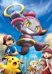 :o absurdres ahoge arm_up artist_request ash_ketchum baseball_cap black_gloves black_hair black_horns blonde_hair blue_eyes blue_jacket blue_sky bonnie_(pokemon) bright_pupils brother_and_sister brown_eyes brown_hair brown_shirt building city clemont_(pokemon) cloud colored_sclera day dedenne emphasis_lines eyelashes fingerless_gloves floating full_body gen_1_pokemon gen_6_pokemon glasses gloves green_eyes grin hat highres holding holding_jewelry holding_ring hoopa hoopa_(confined) horns jacket jewelry legendary_pokemon long_sleeves mythical_pokemon nintendo official_alternate_costume official_alternate_hair_length official_alternate_hairstyle official_art on_shoulder open_mouth outdoors pikachu pink_hair pokemon pokemon_(anime) pokemon_(creature) pokemon_on_shoulder pokemon_the_movie:_hoopa_and_the_clash_of_ages pokemon_xy_(anime) ponytail rayman_limbs red_hat red_jacket ring round_eyewear serena_(pokemon) shirt short_sleeves siblings sky skyscraper sleeveless sleeveless_shirt smile surprised teeth third-party_source upper_body upper_teeth_only white_pupils yellow_sclera
