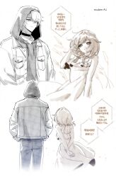 1boy 1girl alternate_costume breasts choker cleavage commentary_request cyrene_(honkai:_star_rail) denim dress greyscale highres honkai:_star_rail honkai_(series) hood jacket jeans luk7rmmm monochrome pants phainon_(honkai:_star_rail) short_hair small_breasts smile speech_bubble translation_request