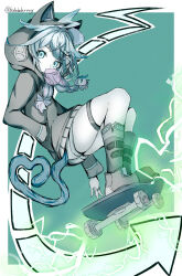 Rule 34 | 1girl, animal hood, aqua eyes, aqua hair, boboboburning, border, braid, cat hood, cat tail, chewing gum, colored skin, electricity, grey footwear, grey hoodie, grey shorts, hand in pocket, heart, heart tail, highres, hololive, hood, hoodie, jewelry, lightning ahoge, long sleeves, mizumiya su, ring, short shorts, shorts, skateboard, skateboarding, tail, twin braids, virtual youtuber, white border, white skin