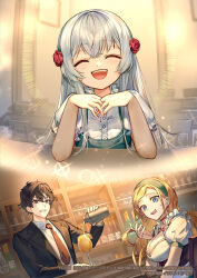 1boy 2girls :d ^_^ bar_(place) black_hair black_jacket blonde_hair blue_eyes breasts brown_eyes canata_katana character_request cleavage clenched_teeth closed_eyes collared_shirt copyright_request dress_shirt dutch_angle facing_viewer flower glass green_hairband grey_hair hair_between_eyes hair_flower hair_ornament hairband highres holding indoors jacket large_breasts long_hair mole mole_under_mouth multiple_girls necktie novel_illustration official_art open_clothes open_jacket open_mouth red_flower red_necktie shirt short_hair short_sleeves smile sparkle straight_hair sweatdrop teeth very_long_hair white_shirt wing_collar