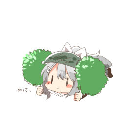 1girl black_jacket black_shoes blazer blush_stickers bow chibi closed_mouth green_helmet grey_hair hair_between_eyes hair_bow hair_ornament hairclip helmet higuchi_kaede higuchi_kaede_(1st_costume) holding jacket long_hair lowres lying nijisanji on_stomach ponytail rebecca_(keinelove) school_uniform shoes simple_background solo translation_request very_long_hair virtual_youtuber white_background white_bow |_|