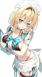 1girl alternate_costume apron aqua_bow aqua_bowtie aqua_eyes aqua_sailor_collar arm_under_breasts bikini black_bikini black_hairband blonde_hair blush bow bowtie breasts cleavage commentary darjeeling_(reley) detached_collar double-parted_bangs frilled_apron frilled_sailor_collar frilled_wrist_cuffs frills hair_over_shoulder hairband highleg highleg_bikini highres holding holding_tray hololive kazama_iroha large_breasts looking_at_viewer maid maid_apron maid_bikini maid_headdress medium_hair navel open_mouth sailor_collar simple_background solo swimsuit symbol-only_commentary thigh_strap tray unconventional_maid virtual_youtuber wavy_mouth white_background wrist_cuffs