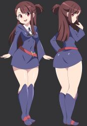 1girl absurdres abysswatchers ass black_background breasts brown_hair closed_mouth commission eyebrows_hidden_by_hair from_behind full_body hand_in_own_hair highres kagari_atsuko little_witch_academia long_hair looking_at_viewer looking_back medium_breasts multiple_views open_mouth purple_footwear red_eyes simple_background smile teeth upper_teeth_only