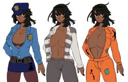 1girl black_hair bra breasts cole_(ninjago) dark_skin female_focus flat_color genderswap genderswap_(mtf) hat jumpsuit large_breasts miniskirt multiple_views ninjago orange_jumpsuit police police_uniform policewoman prison_clothes shimotsuki_kitsune shirt skirt the_lego_group unbuttoned underwear unzipped variations white_background