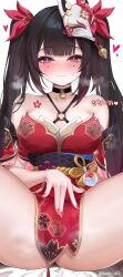 1girl absurdres artist_name bad_link bell black_choker black_hair blush breast_tattoo breasts cameltoe choker closed_mouth collarbone covered_pussy detached_sleeves dress fingernails floral_print_dress flower_tattoo fox_mask hair_ornament hand_on_own_crotch harin_05 heart heavy_breathing highres honkai:_star_rail honkai_(series) japanese_clothes korean_text long_hair looking_at_viewer mask mask_on_head medium_breasts mole mole_under_each_eye mole_under_eye multiple_moles nail_polish neck_bell no_panties o-ring o-ring_top obi pelvic_curtain pink_nails red_dress red_eyes sash simple_background sitting smile solo sparkle_(honkai:_star_rail) spread_legs steaming_body strapless strapless_dress sweat tattoo thick_thighs thighs translation_request twintails white_background