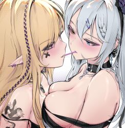 2girls absurdres belt_collar black_collar blonde_hair blue_eyes blush braid breasts collar commentary earrings english_commentary eve_(keyokku) eye_contact grey_hair gun hair_ornament heterochromia highres jewelry keyokku long_hair looking_at_another multiple_girls original pink_eyes pointy_ears ribbon side_braid tattoo weapon white_background yellow_eyes